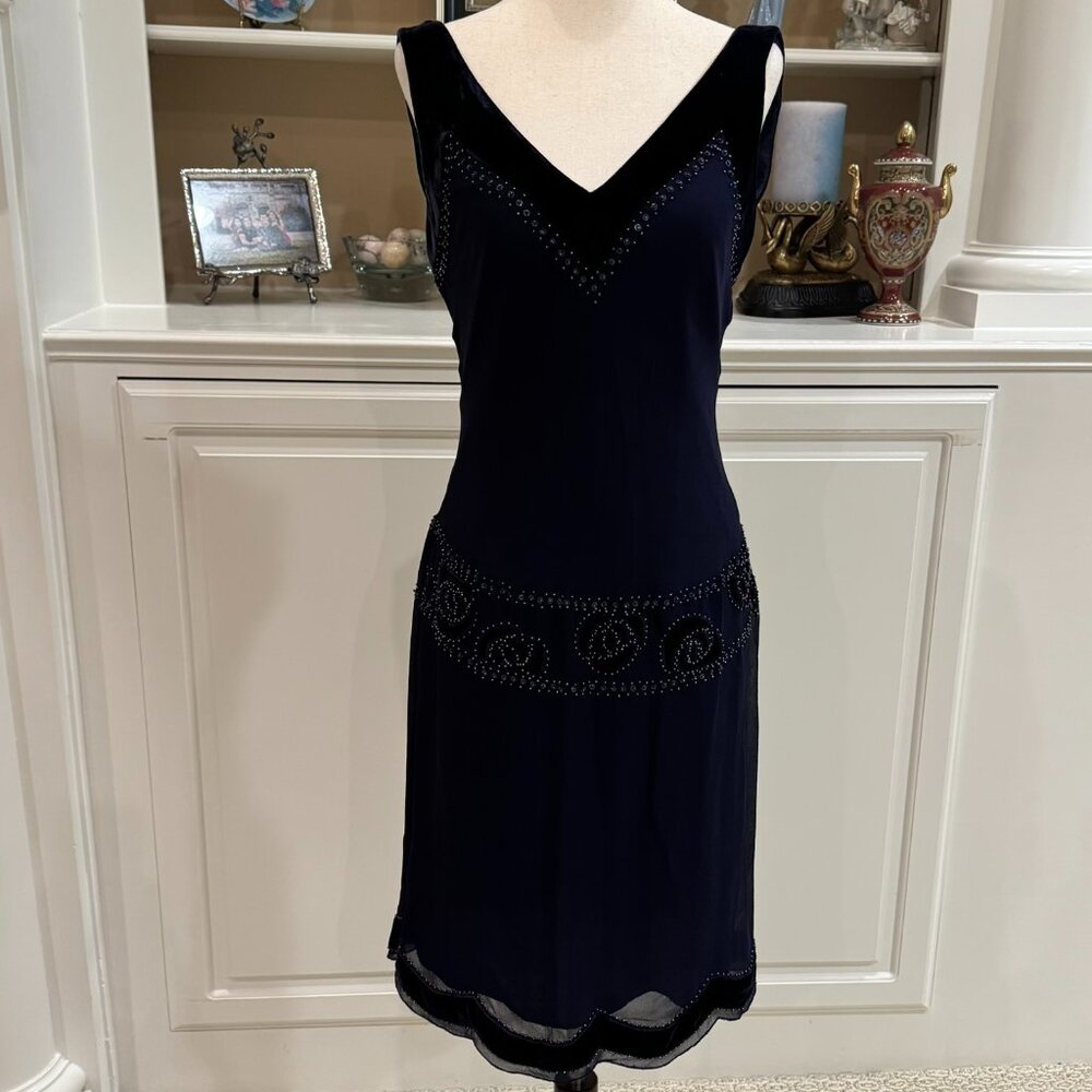 🖤 Nine West Navy Beaded Silk Cocktail Dress – Size 4